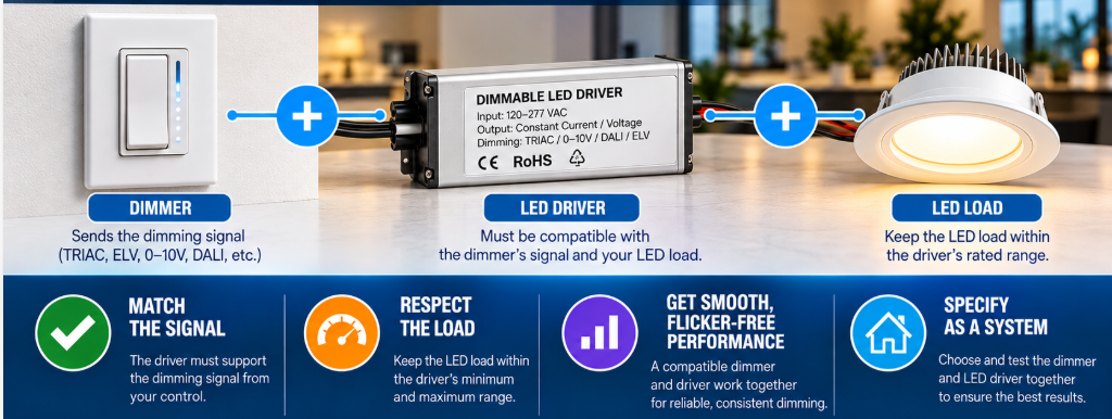 Three checks against LED flicker: match the dimming signal, check the load, tune the low end
